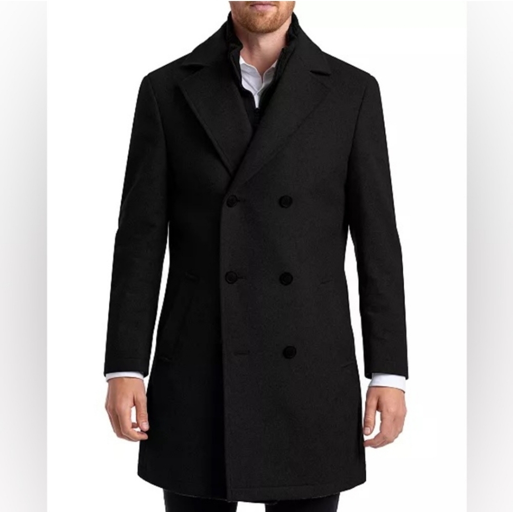 CHAPS Ralph Lauren Black Classic Double Breasted Wool Blend Coat 40R